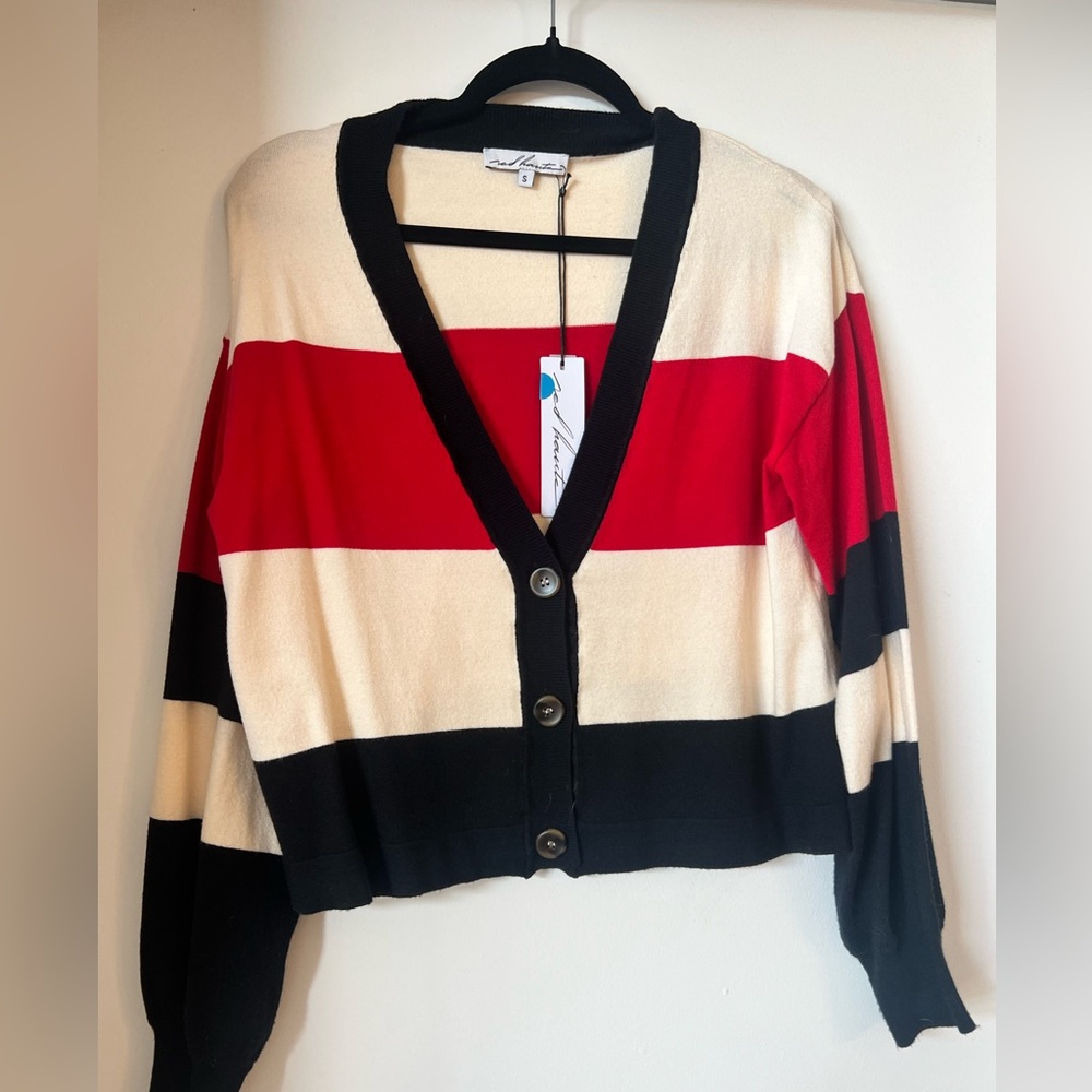 Striped V-Neck Cropped Cardigan Sweater - Red / Black / Cream